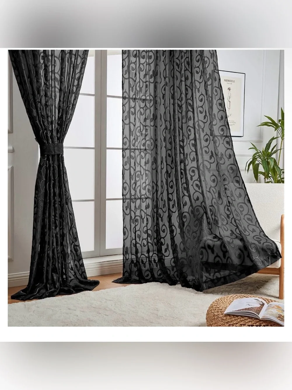 Black Pinch Pleated Sheer Curtains 96 Inches Long 2 Panels 60”x96” each